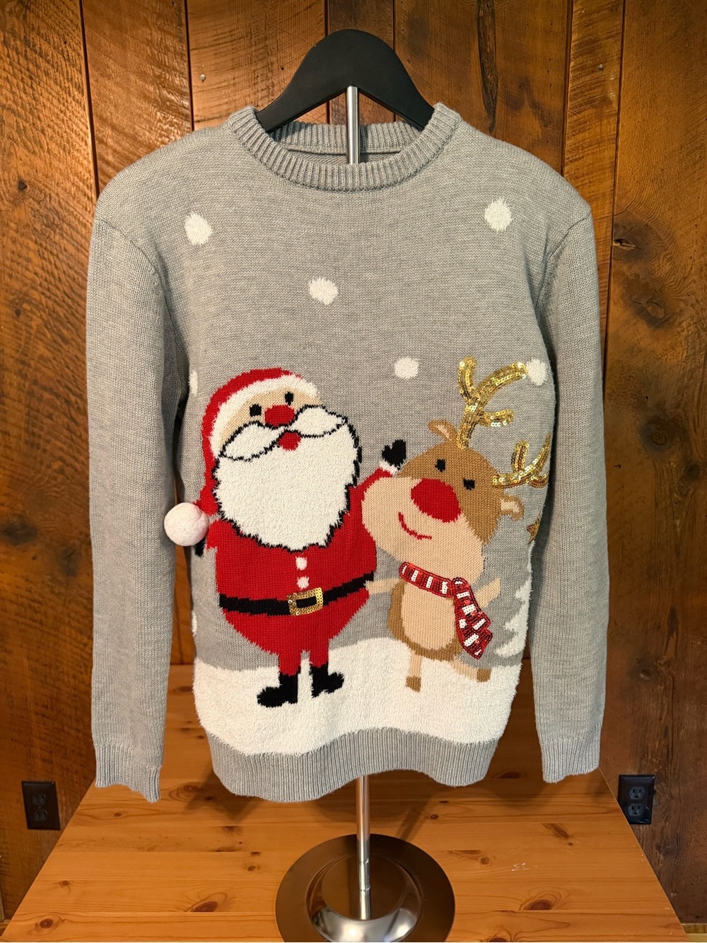 Forever 21 Christmas Sweater Santa Reindeer Pom Pom Sequin Gray  Small